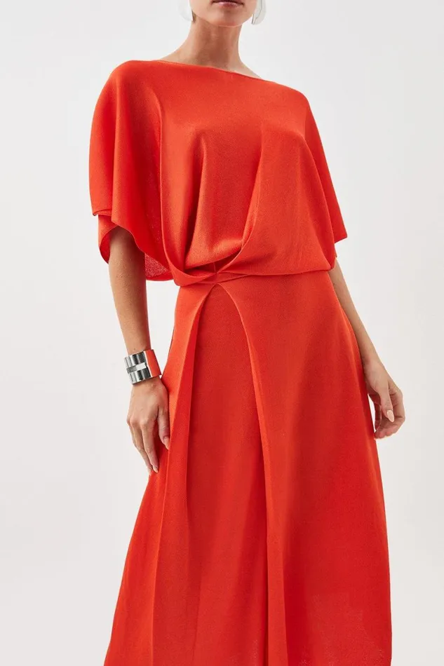 Knitwear Women Karen Millen Slinky Knit Angel Sleeve High Low Dress Orange