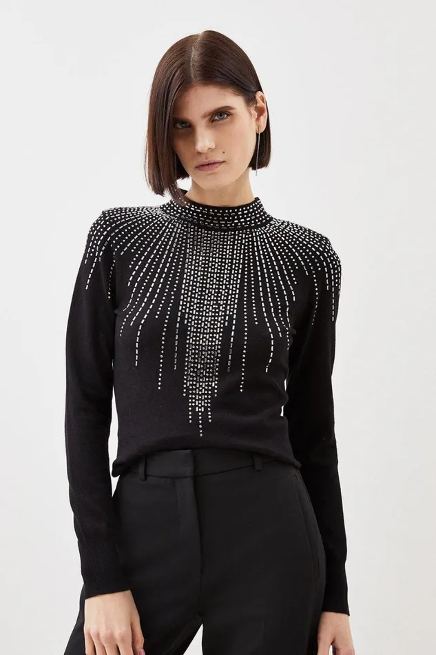 Knitwear Women Karen Millen Viscose Blend Embellished Funnel Neck Knit Jumper Black Knitwear Women Karen Millen Viscose Blend Embellished Funnel Neck Knit Jumper Black