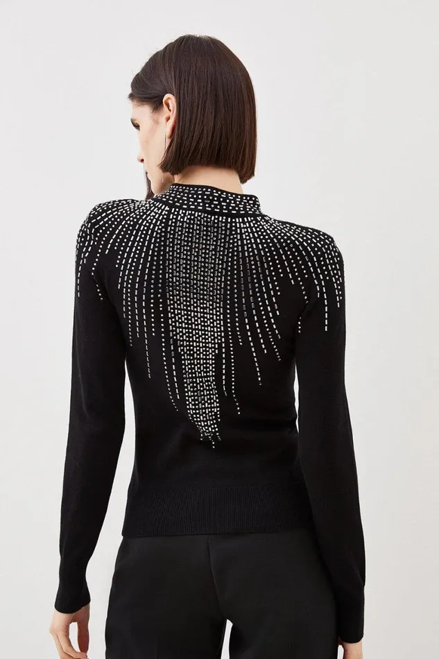 Knitwear Women Karen Millen Viscose Blend Embellished Funnel Neck Knit Jumper Black