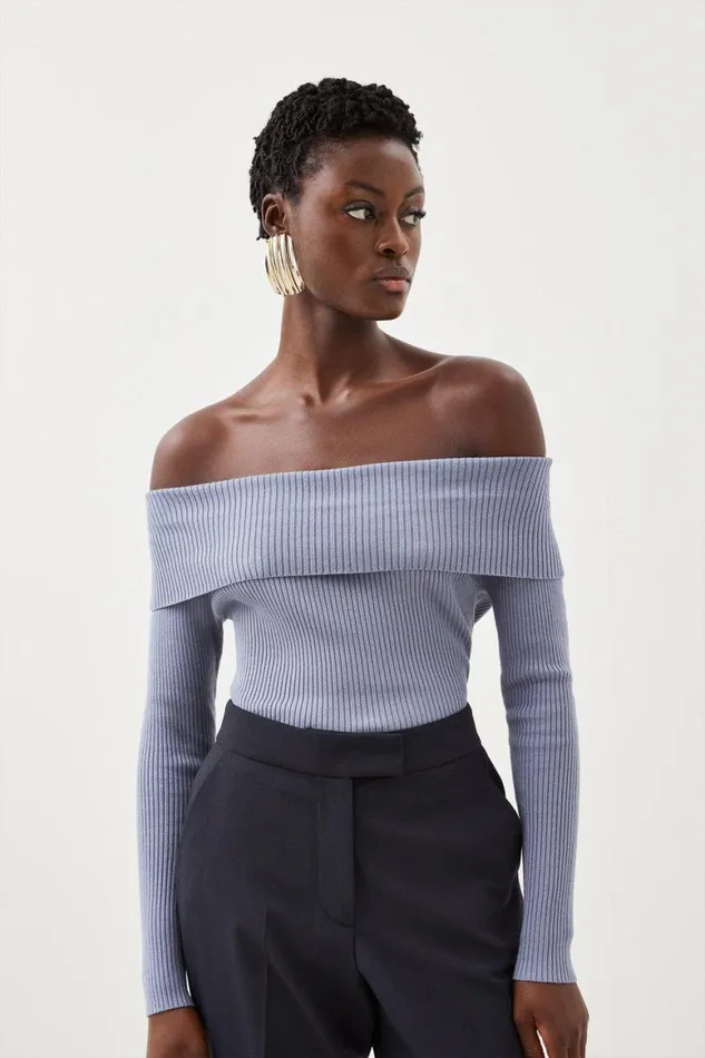 Knitwear Women Karen Millen Viscose Blend Knit Bardot Jumper Blue