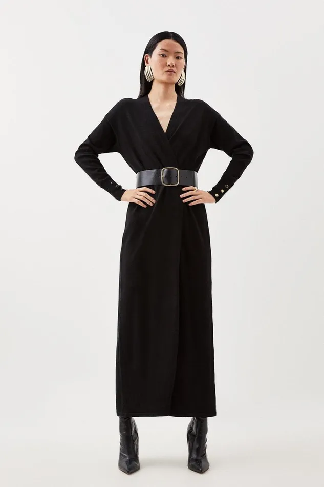 Knitwear Women Karen Millen Viscose Blend Knit Belted Maxi Cardigan Black