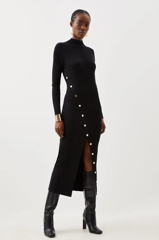 Knitwear Women Karen Millen Viscose Blend Popper Detail Split Knit Midaxi Dress Black Knitwear Women Karen Millen Viscose Blend Popper Detail Split Knit Midaxi Dress Black