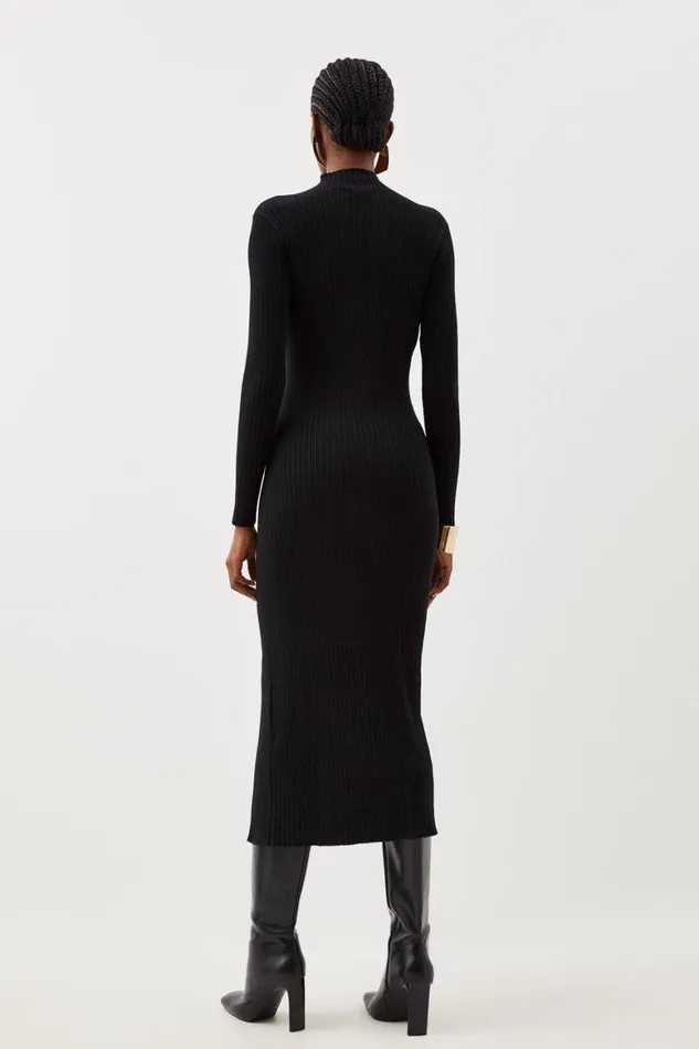 Knitwear Women Karen Millen Viscose Blend Popper Detail Split Knit Midaxi Dress Black