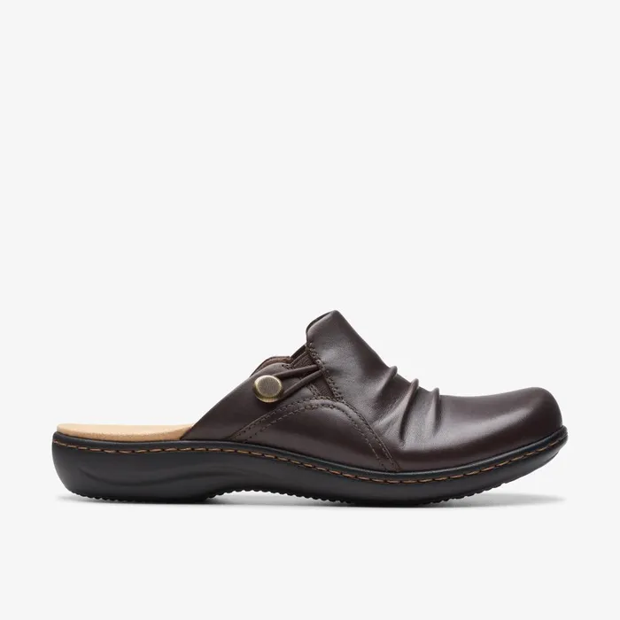 Laurieann Bay Dark Brown Leather Women Clarks Clogs and Mules