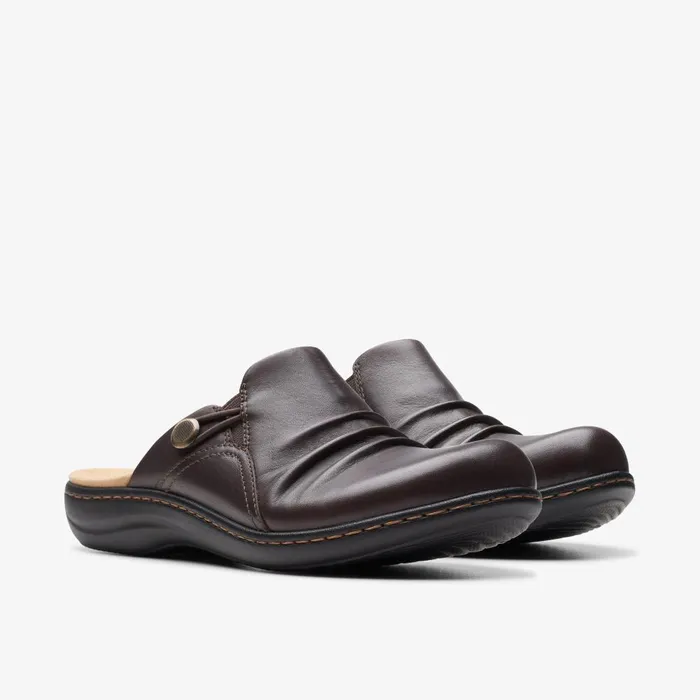 Laurieann Bay Dark Brown Leather Women Clarks Clogs and Mules