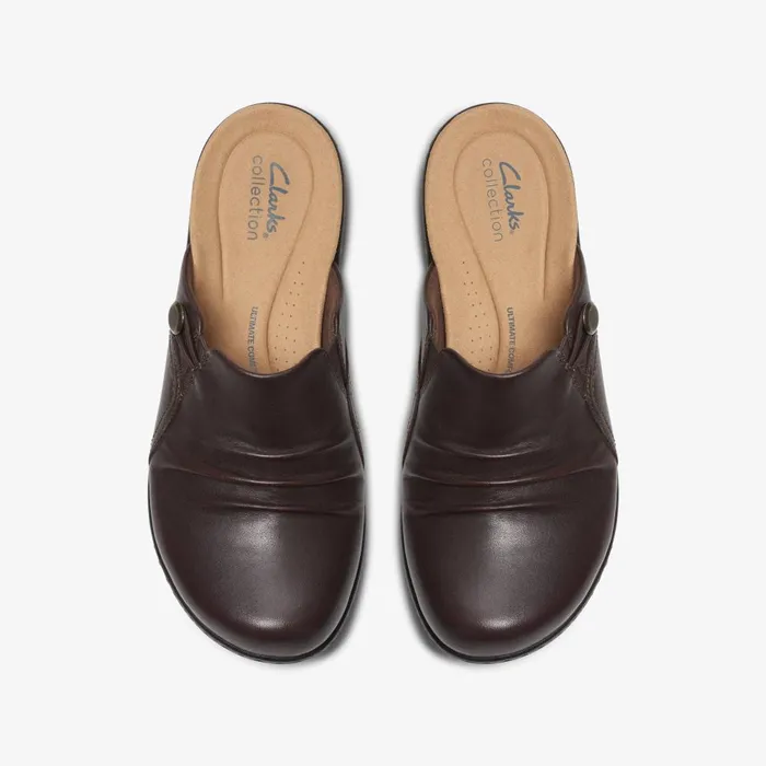 Laurieann Bay Dark Brown Leather Women Clarks Clogs and Mules