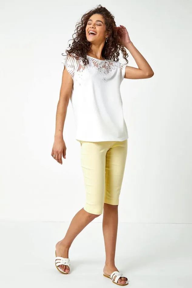 Lemon Elastic Waist Knee Length Stretch Shorts Women Roman Coords