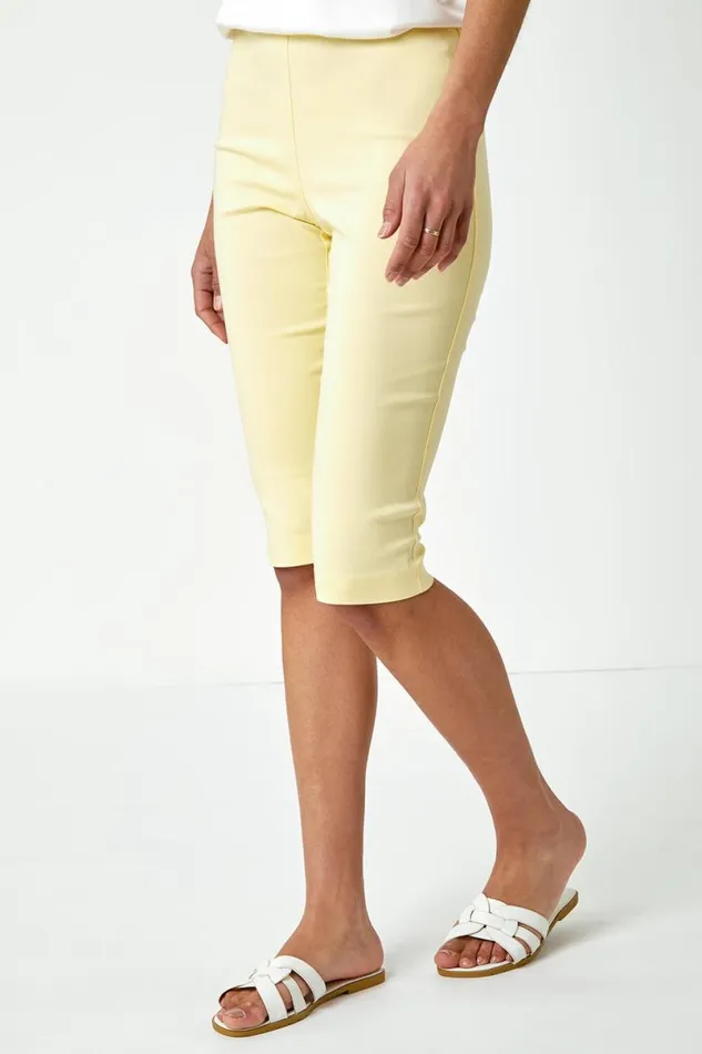 Lemon Elastic Waist Knee Length Stretch Shorts Women Roman Coords