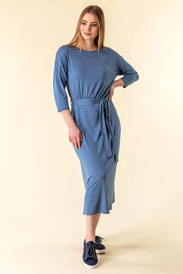 Light Blue Belted Jersey Midi Dress Women Roman Dresses