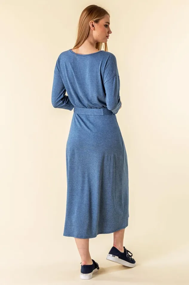 Light Blue Belted Jersey Midi Dress Women Roman Dresses