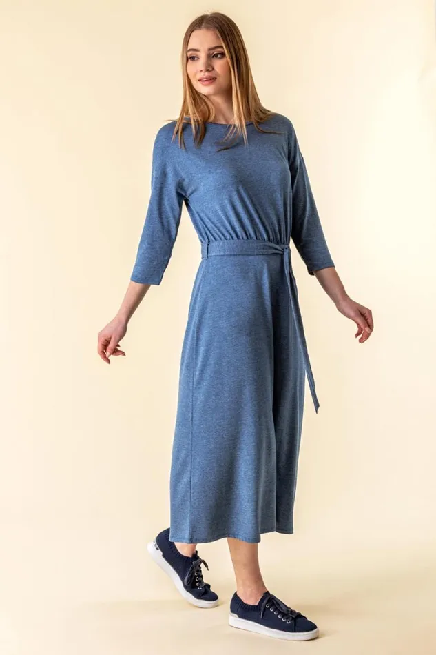 Light Blue Belted Jersey Midi Dress Women Roman Dresses