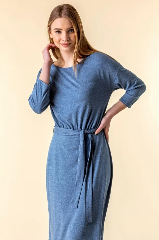 Light Blue Belted Jersey Midi Dress Women Roman Dresses