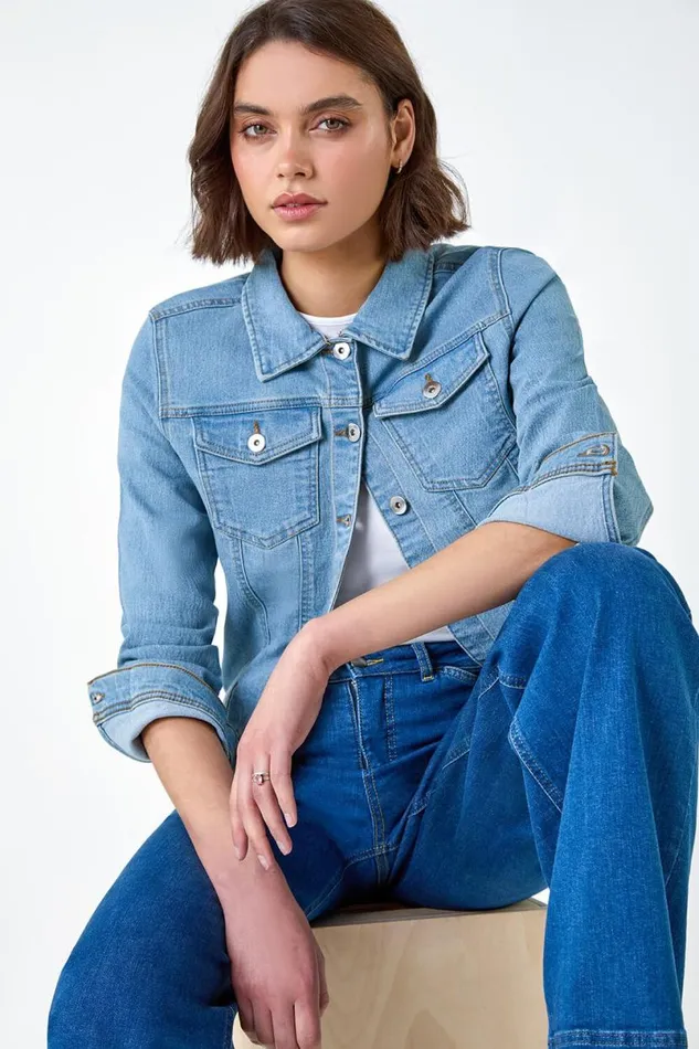 Light Blue Cotton Blend Stretch Denim Jacket Women Roman Jackets