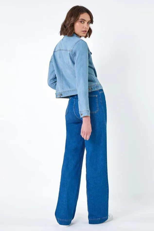 Light Blue Cotton Blend Stretch Denim Jacket Women Roman Jackets