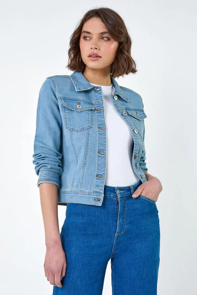 Light Blue Cotton Blend Stretch Denim Jacket Women Roman Jackets