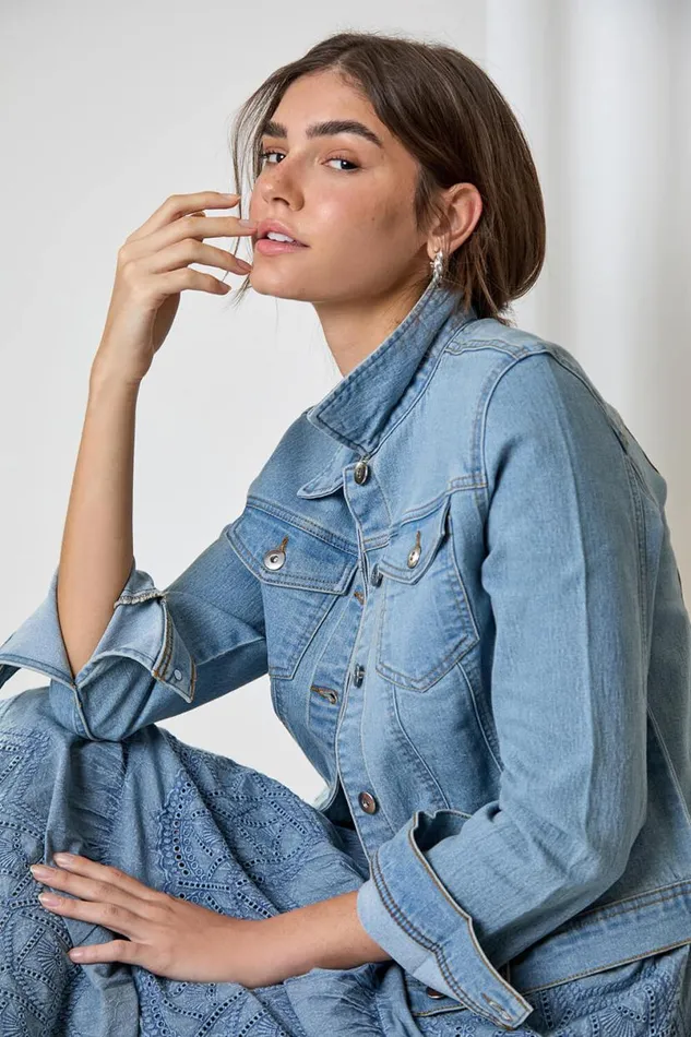Light Blue Cotton Blend Stretch Denim Jacket Women Roman Jackets