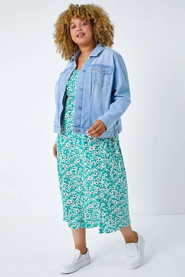 Light Blue Curve Cotton Denim Jacket Women Roman Jackets