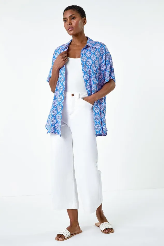 Light Blue Geometric Print Short Sleeve Shirt Women Roman Tops