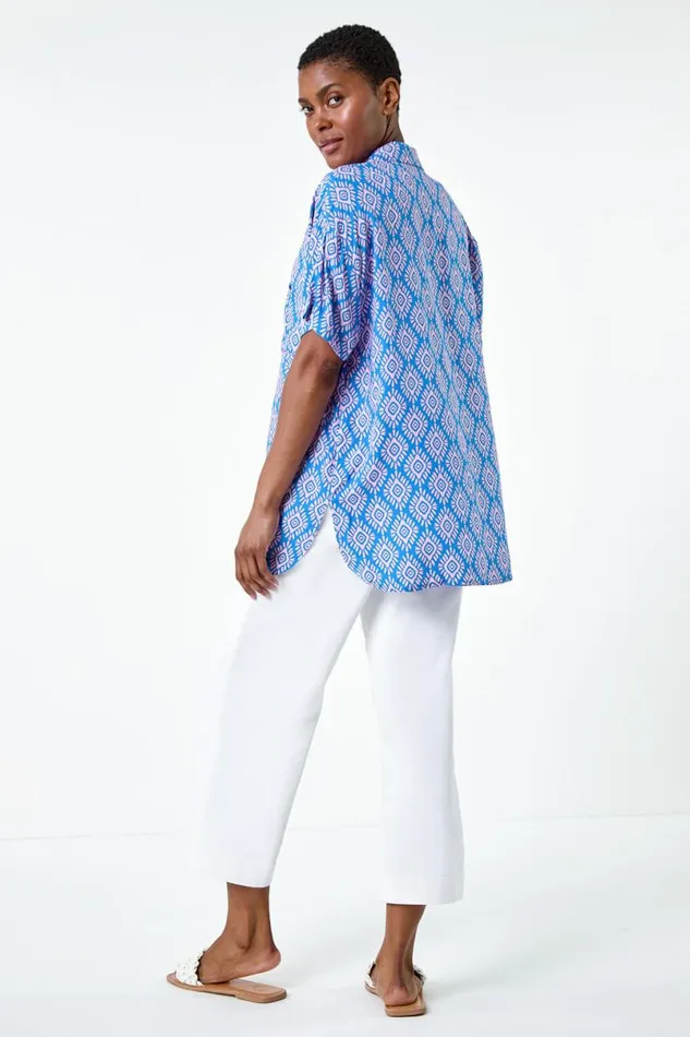 Light Blue Geometric Print Short Sleeve Shirt Women Roman Tops
