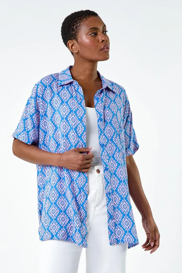 Light Blue Geometric Print Short Sleeve Shirt Women Roman Tops