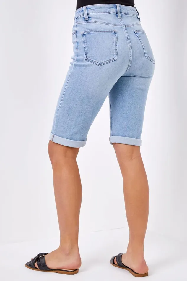 Light Denim Essential Stretch Knee Length Shorts Women Roman Coords