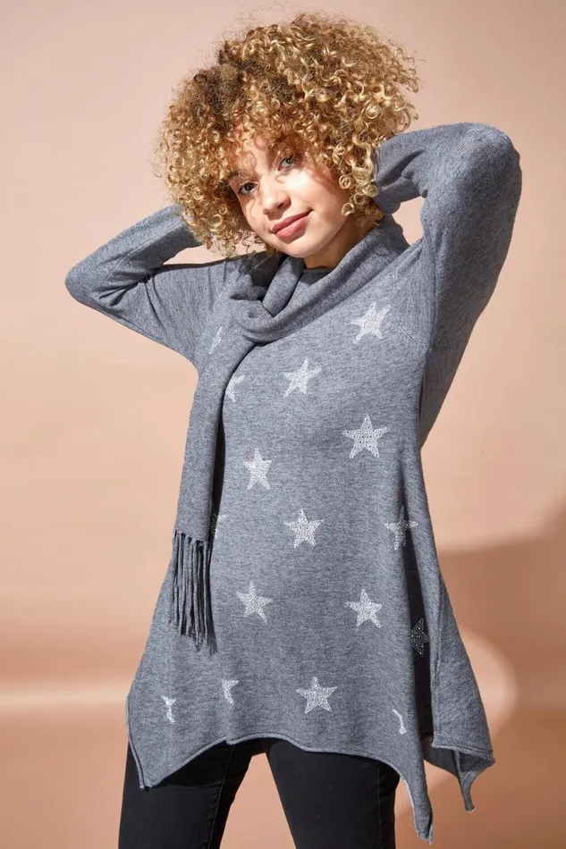 LightGrey Star Print Knitted Tunic With Tassel Scarf Women Roman Knitwear