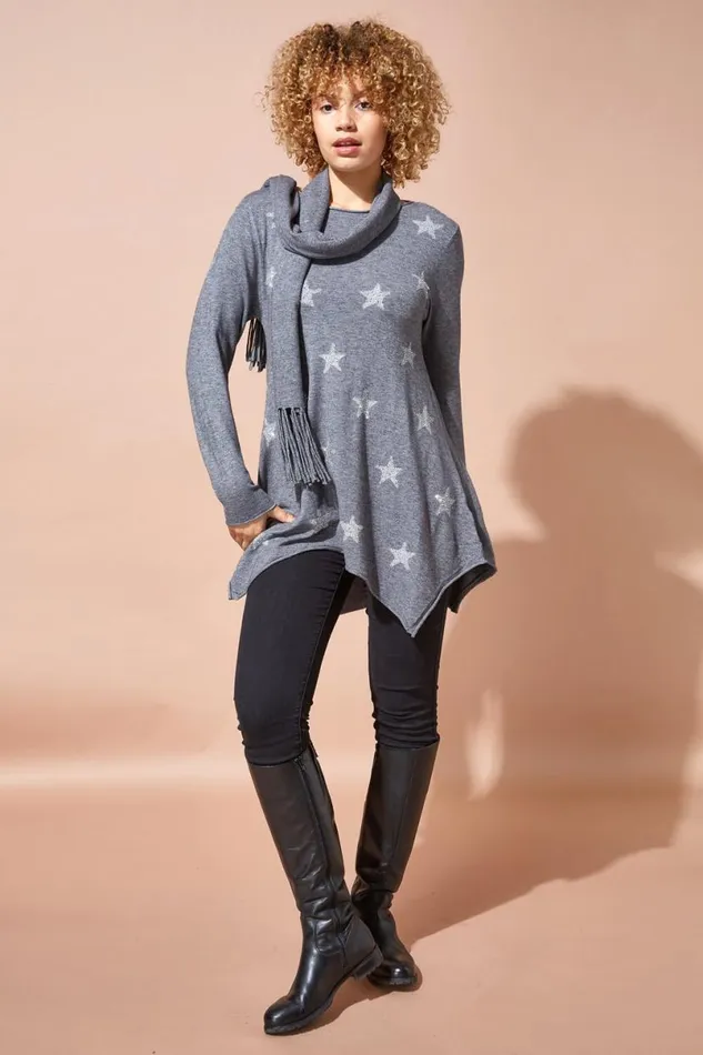 LightGrey Star Print Knitted Tunic With Tassel Scarf Women Roman Knitwear