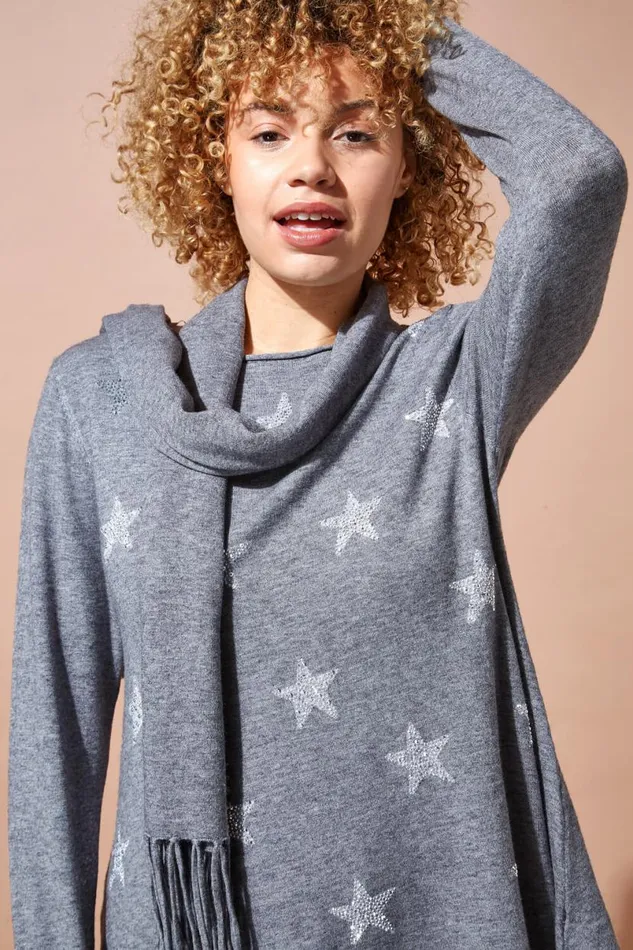 LightGrey Star Print Knitted Tunic With Tassel Scarf Women Roman Knitwear