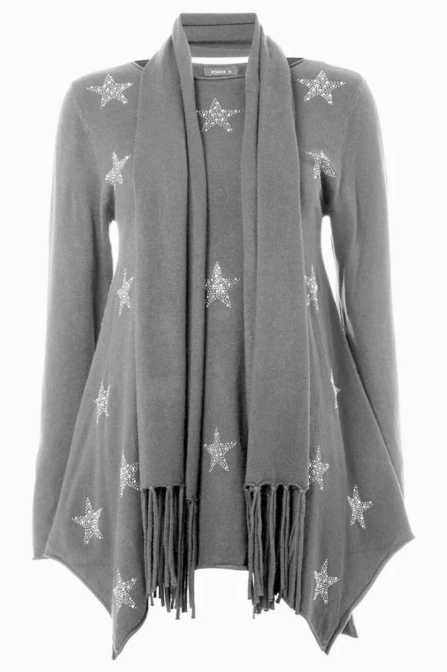 LightGrey Star Print Knitted Tunic With Tassel Scarf Women Roman Knitwear