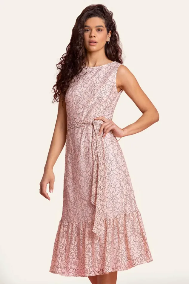 Light Pink Belted Lace Detail Tiered Midi Dress Women Roman Dresses
