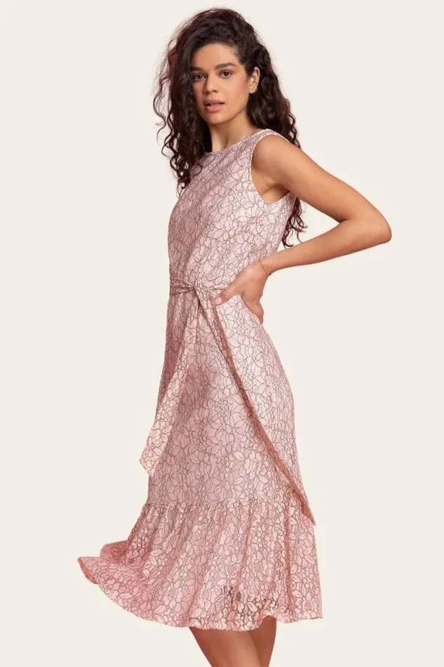 Light Pink Belted Lace Detail Tiered Midi Dress Women Roman Dresses