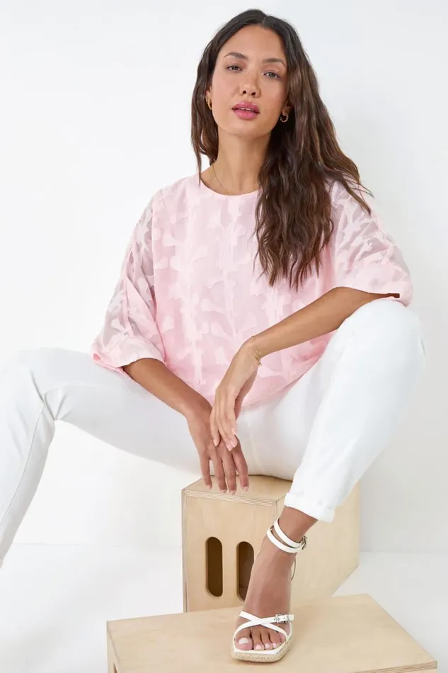 Light Pink Burnout Floral Dipped Hem Overlay Top Women Roman Tops