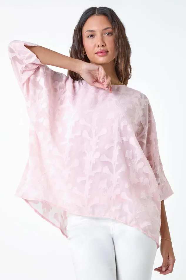 Light Pink Burnout Floral Dipped Hem Overlay Top Women Roman Tops