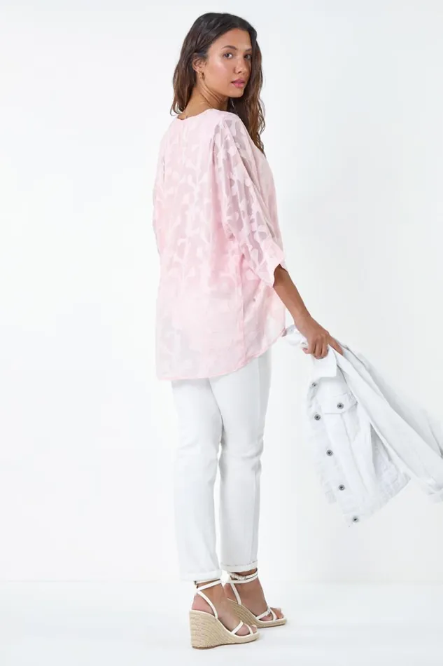Light Pink Burnout Floral Dipped Hem Overlay Top Women Roman Tops