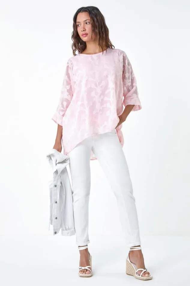 Light Pink Burnout Floral Dipped Hem Overlay Top Women Roman Tops