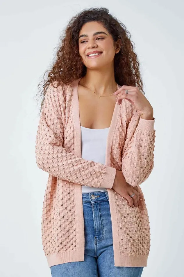 Light Pink Cotton Blend Waffle Knit Cardigan Women Roman Knitwear