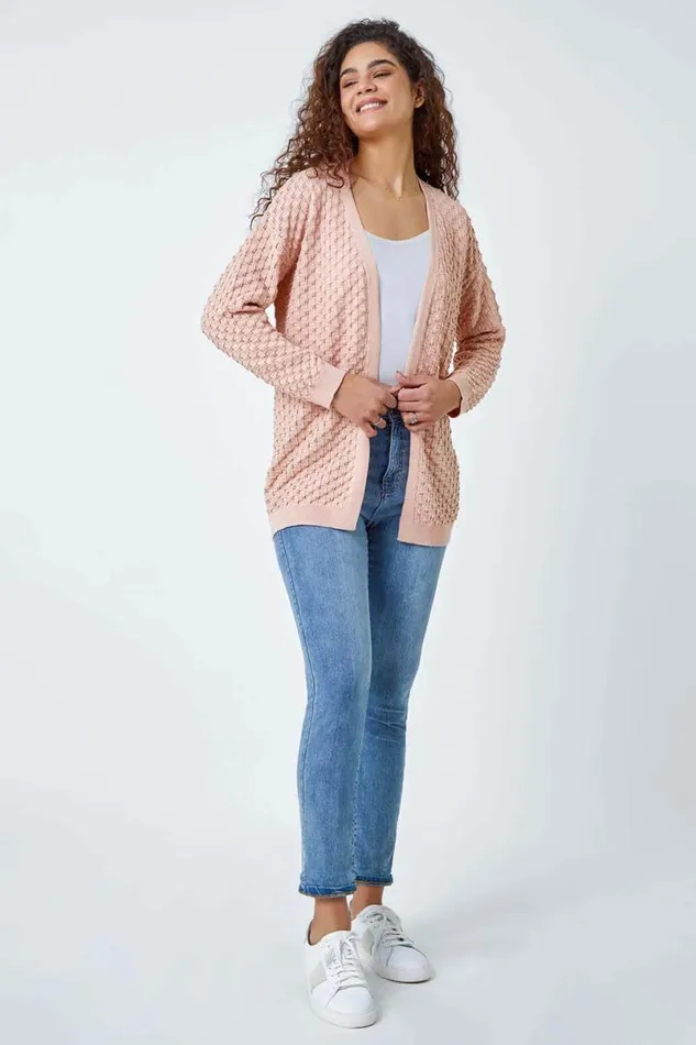 Light Pink Cotton Blend Waffle Knit Cardigan Women Roman Knitwear