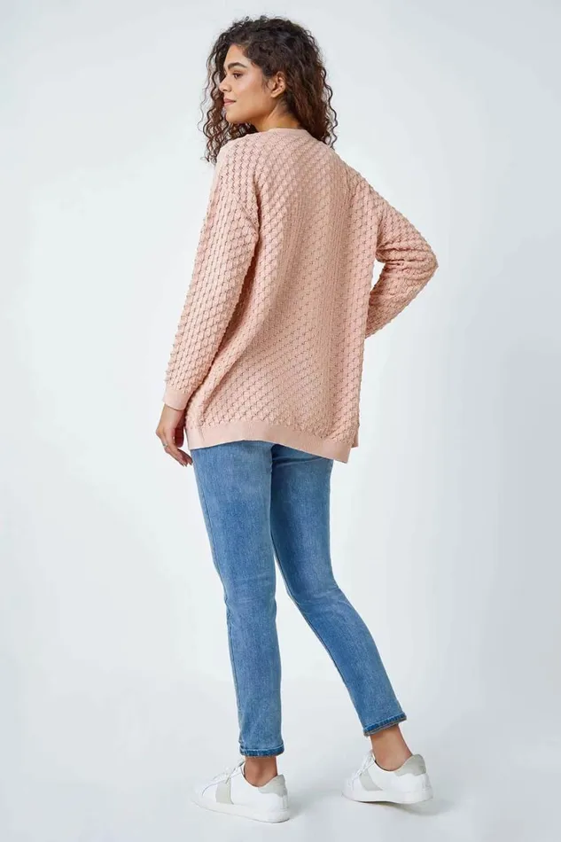 Light Pink Cotton Blend Waffle Knit Cardigan Women Roman Knitwear