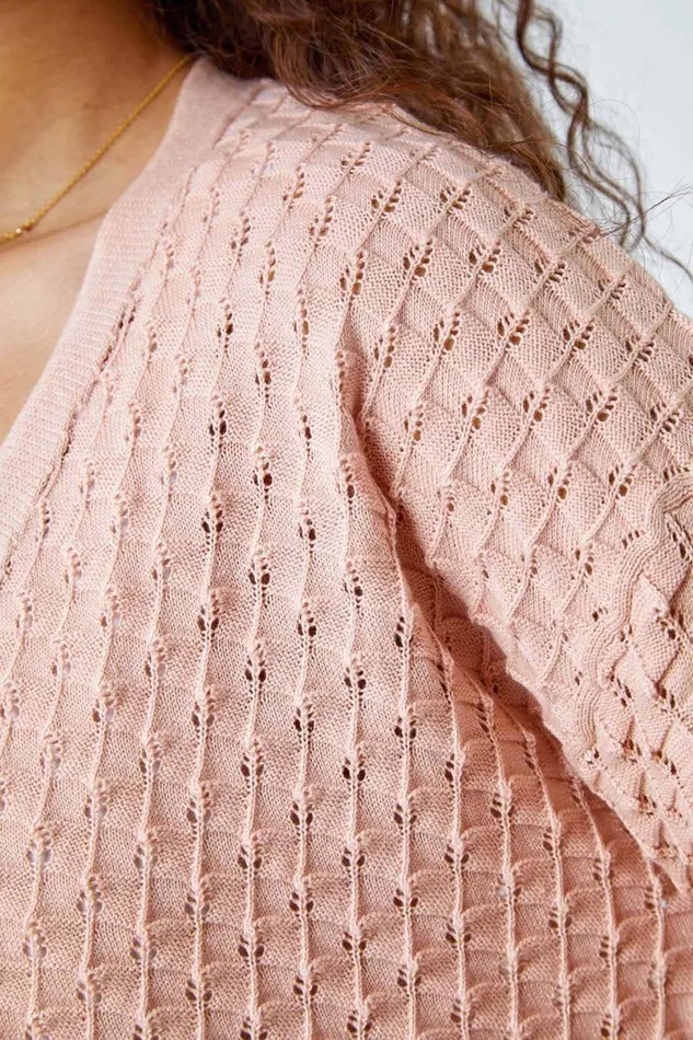 Light Pink Cotton Blend Waffle Knit Cardigan Women Roman Knitwear