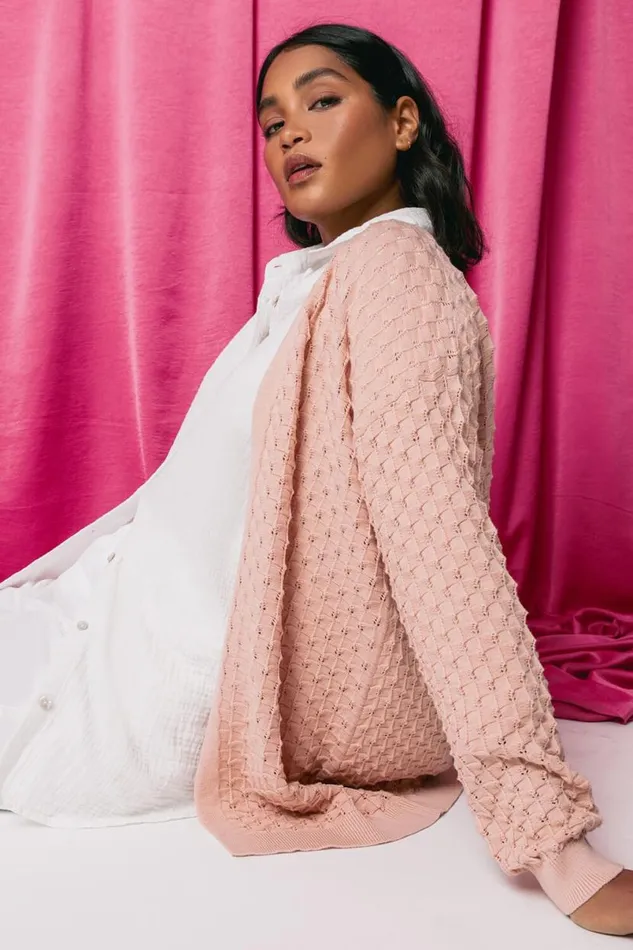 Light Pink Cotton Blend Waffle Knit Cardigan Women Roman Knitwear