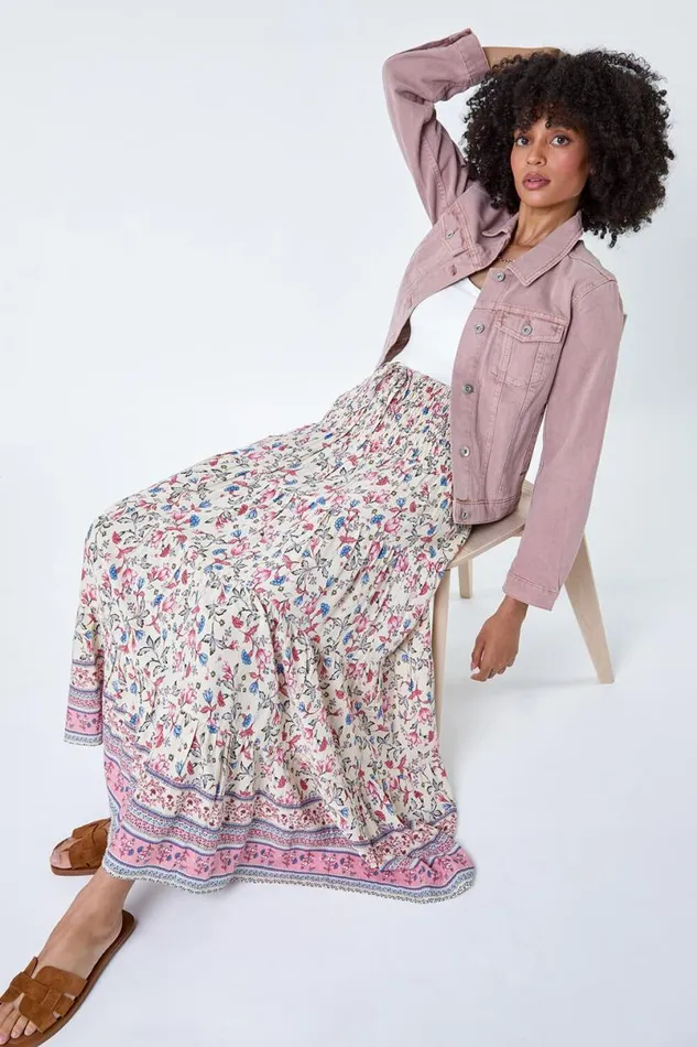 Light Pink Floral Border Shirred Multiway Skirt Dress Women Roman Skirts