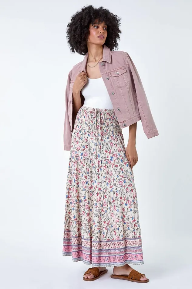 Light Pink Floral Border Shirred Multiway Skirt Dress Women Roman Skirts