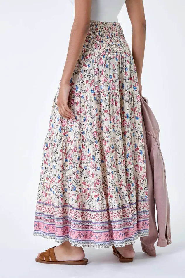 Light Pink Floral Border Shirred Multiway Skirt Dress Women Roman Skirts