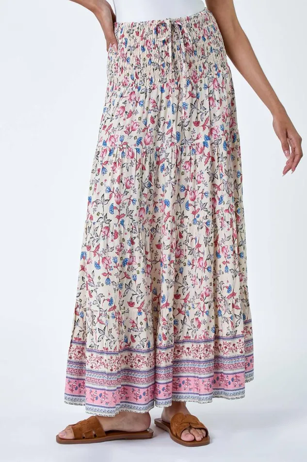 Light Pink Floral Border Shirred Multiway Skirt Dress Women Roman Skirts