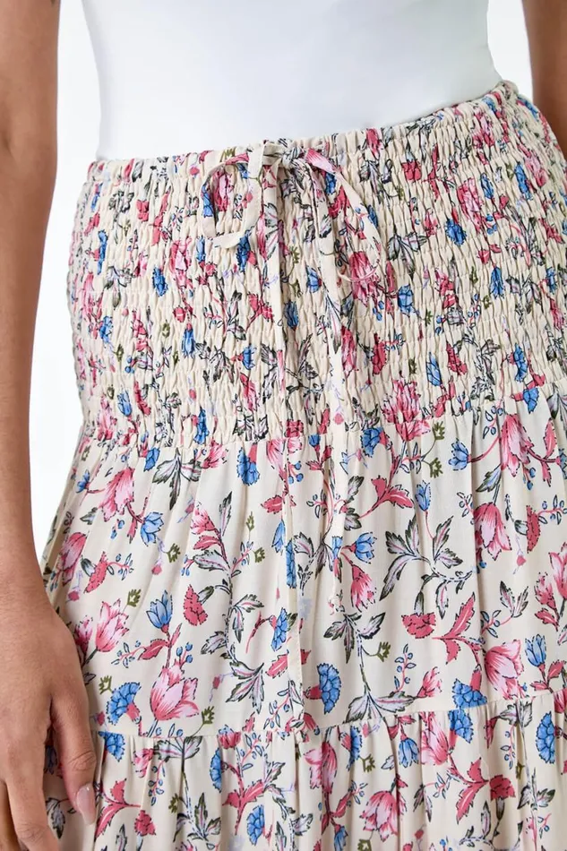 Light Pink Floral Border Shirred Multiway Skirt Dress Women Roman Skirts