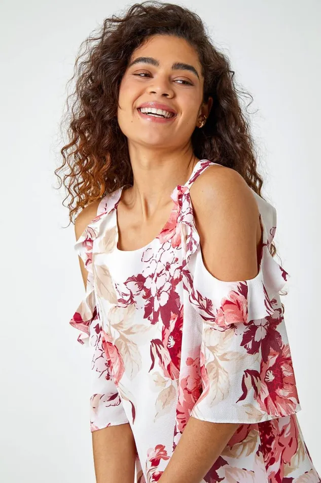 Light Pink Floral Print Cold Shoulder Frill Top Women Roman Tops