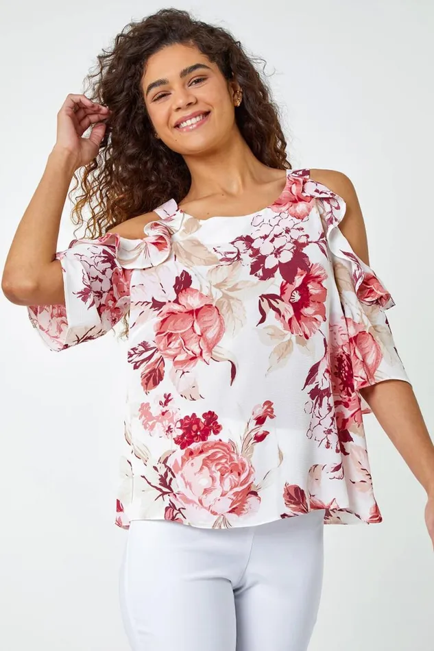 Light Pink Floral Print Cold Shoulder Frill Top Women Roman Tops