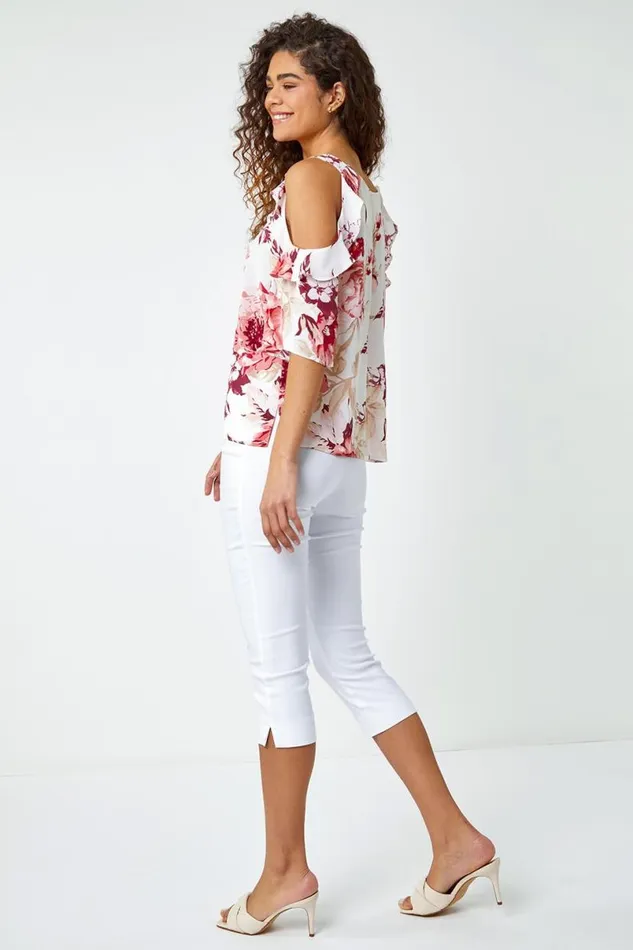 Light Pink Floral Print Cold Shoulder Frill Top Women Roman Tops