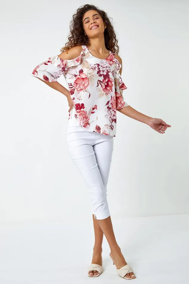 Light Pink Floral Print Cold Shoulder Frill Top Women Roman Tops