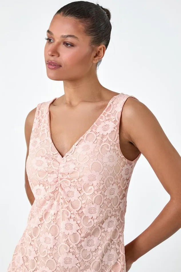 Light Pink Lace Twist Front Stretch Top Women Roman Tops